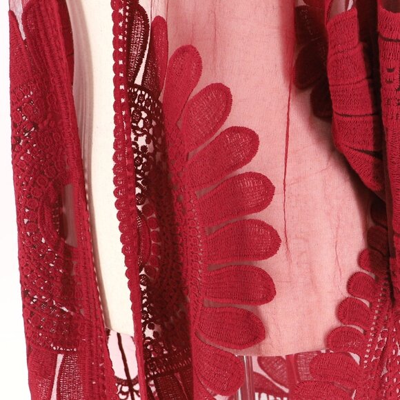 NWT CHICO'S Lace Kimono Sheer Mesh Fringe Detail in Deep Cherry Red Size L/XL - Picture 5 of 10
